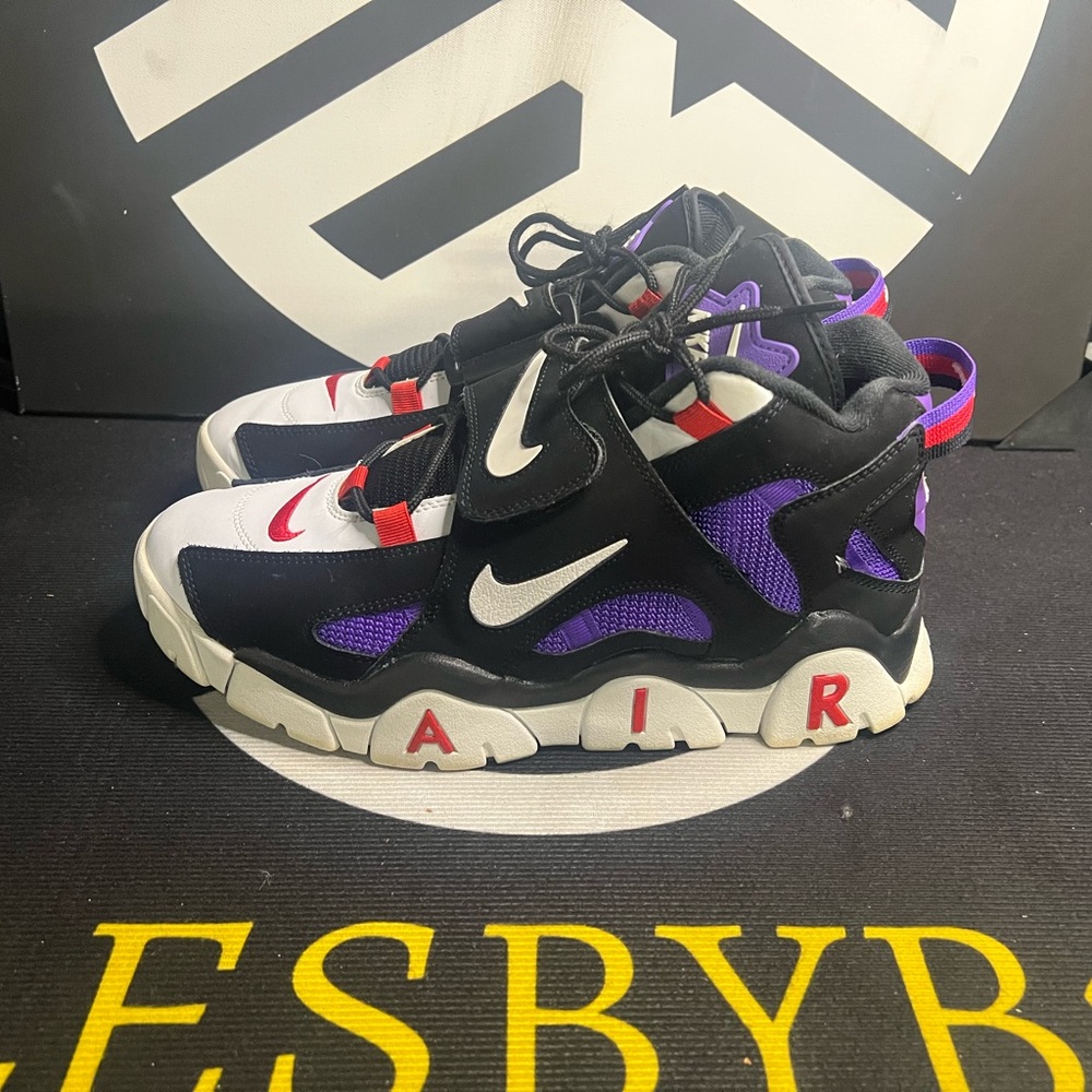 Nike Air Barrage Sneaker, Black, Purple, and Red.